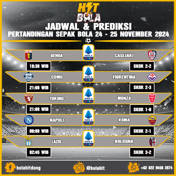 JADWAL & PREDIKSI PERTANDINGAN SEPAK BOLA 24 - 25 NOVEMBER 2024