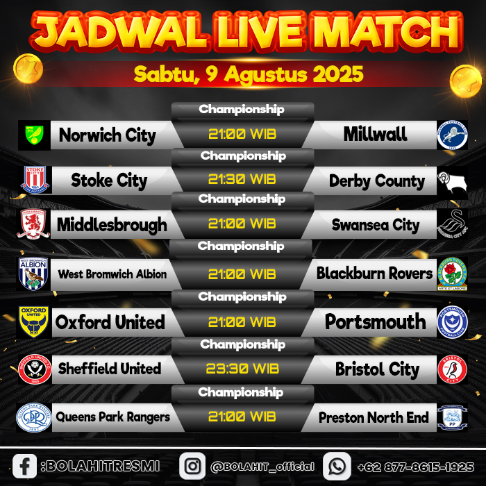 JADWAL PERTANDINGAN SABTU, 09 AGUSTUS 2025