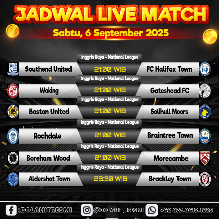 JADWAL PERTANDINGAN SABTU, 06 SEPTEMBER 2025