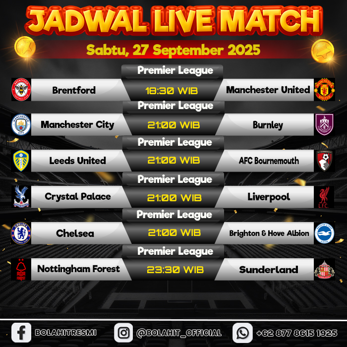JADWAL PERTANDINGAN SABTU, 27 SEPTEMBER 2025