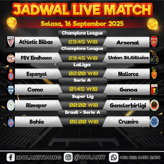JADWAL PERTANDINGAN SELASA, 16 SEPTEMBER 2025