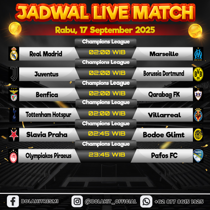 JADWAL PERTANDINGAN SELASA, 17 SEPTEMBER 2025