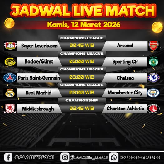 JADWAL PERTANDINGAN KAMIS, 12 MARET 2026